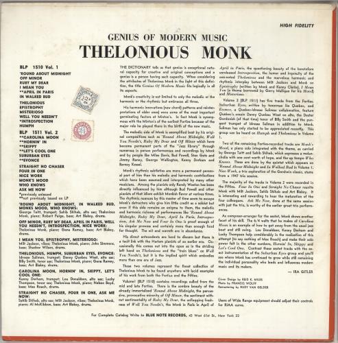 Thelonious Monk Genius Of Modern Music Volume 2 - West 63rd vinyl LP album (LP record) US TM4LPGE743553