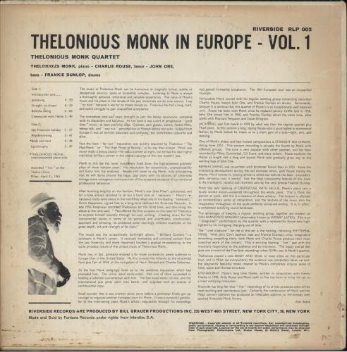 Thelonious Monk In Europe Vol. 1 vinyl LP album (LP record) UK TM4LPIN445385