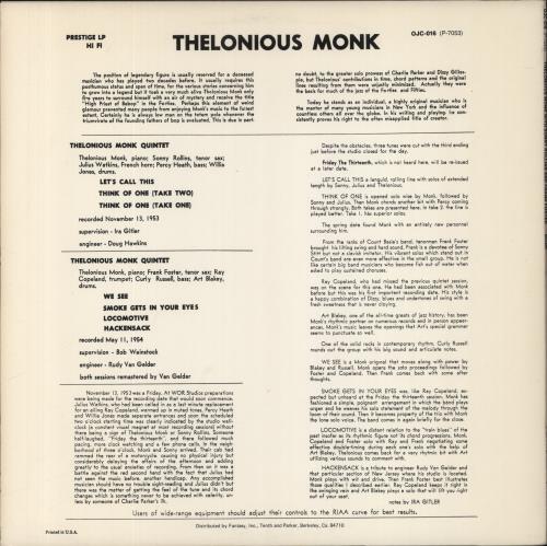 Thelonious Monk Monk vinyl LP album (LP record) US TM4LPMO845434