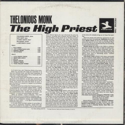Thelonious Monk The High Priest vinyl LP album (LP record) US TM4LPTH882073