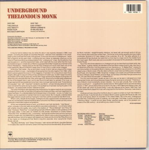 Thelonious Monk Underground vinyl LP album (LP record) US TM4LPUN722460