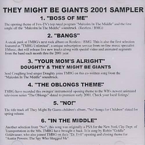 They Might Be Giants 2001 Sampler CD-R acetate US TMGCRSA172552