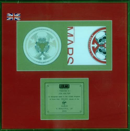 Thirty Seconds To Mars A Beautiful Lie award disc UK 30AAWAB539217