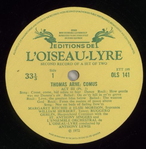 Thomas Arne Thomas Arne - Comus 2-LP vinyl record set (Double LP Album) UK U2Y2LTH858103