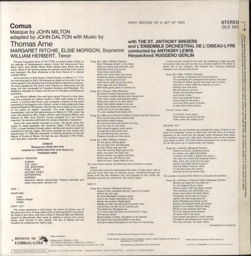 Thomas Arne Thomas Arne - Comus 2-LP vinyl record set (Double LP Album) UK U2Y2LTH858103