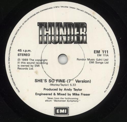 Thunder She's So Fine + Patch 7" vinyl single (7 inch record / 45) UK THU07SH876404
