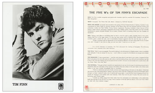 Tim Finn Escapade media press pack US TFNPPES382090