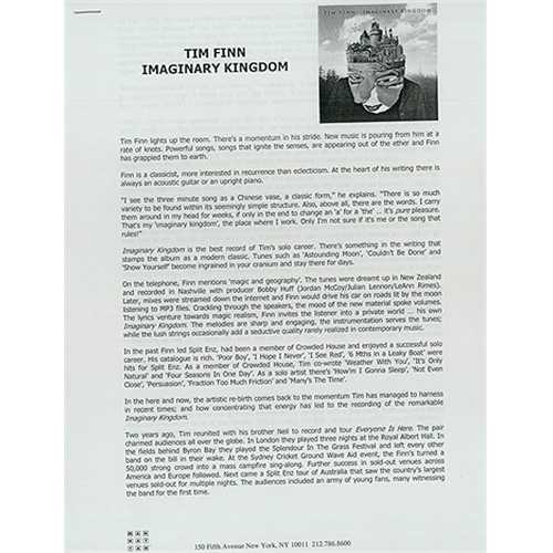 Tim Finn Imaginary Kingdom media press pack US TFNPPIM407818