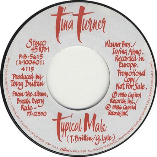 Tina Turner Typical Male 7" vinyl single (7 inch record / 45) US TUR07TY84739