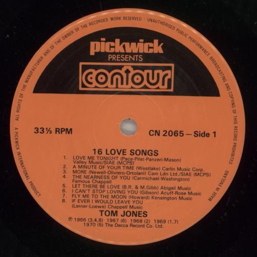 Tom Jones 16 Love Songs vinyl LP album (LP record) UK TJOLPLO888078