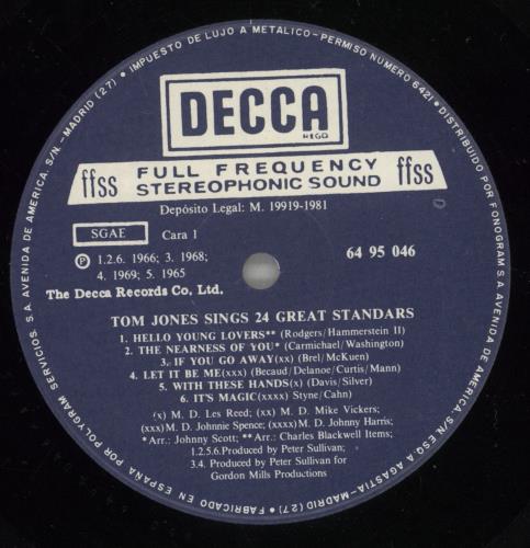 Tom Jones Sings 24 Great Standards 2-LP vinyl record set (Double LP Album) Spanish TJO2LSI888086