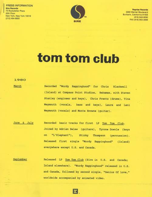Tom Tom Club Boom Boom Chi Boom Boom US Promo media press pack (490599