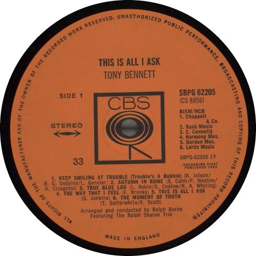 Tony Bennett This Is All I Ask - Autographed vinyl LP album (LP record) UK ONYLPTH693489