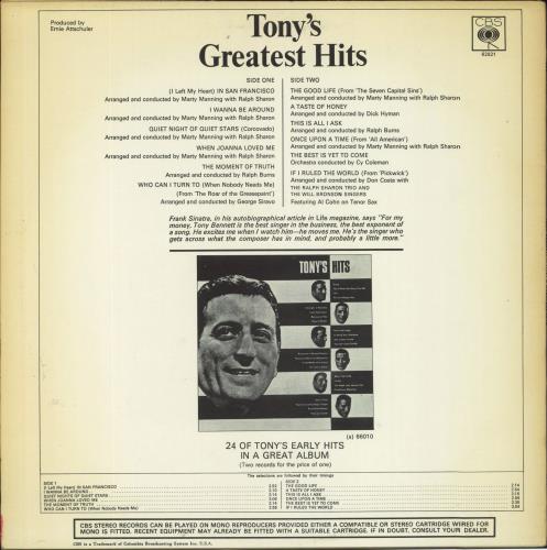 Tony Bennett Tony's Greatest Hits vinyl LP album (LP record) UK ONYLPTO809094