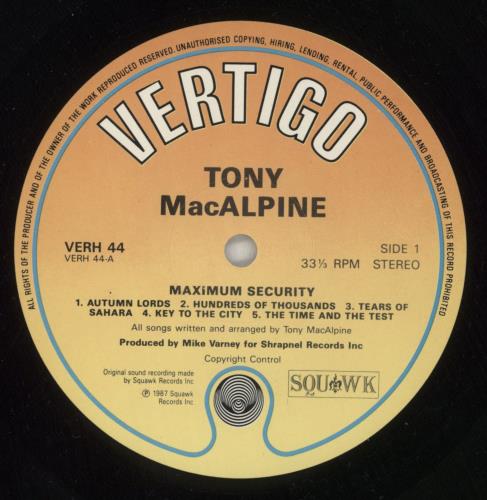 Tony MacAlpine Maximum Security vinyl LP album (LP record) UK ACALPMA463932