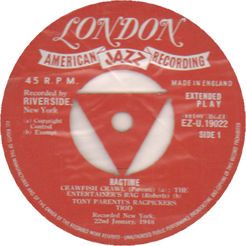 Tony Parenti's Ragpickers Trio Ragtime 7" vinyl single (7 inch record / 45) UK XQR07RA641677