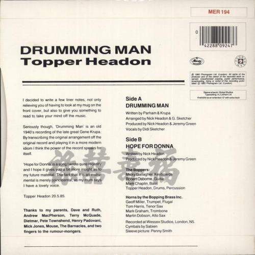 Topper Headon Drumming Man 7" vinyl single (7 inch record / 45) UK PHN07DR610399