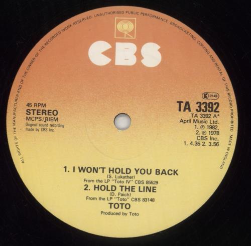 Toto I Won't Hold You Back 12" vinyl single (12 inch record / Maxi-single) UK TOT12IW41682
