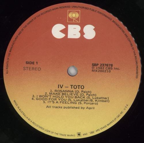 Toto Toto IV vinyl LP album (LP record) Australian TOTLPTO275950