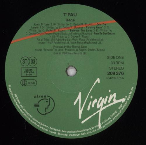 T'Pau Rage vinyl LP album (LP record) German TPALPRA214814