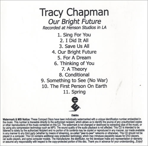 Tracy Chapman Our Bright Future CD-R acetate US TRACROU468491
