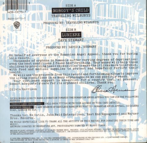 Traveling Wilburys Nobody's Child 7" vinyl single (7 inch record / 45) Australian TRV07NO73854