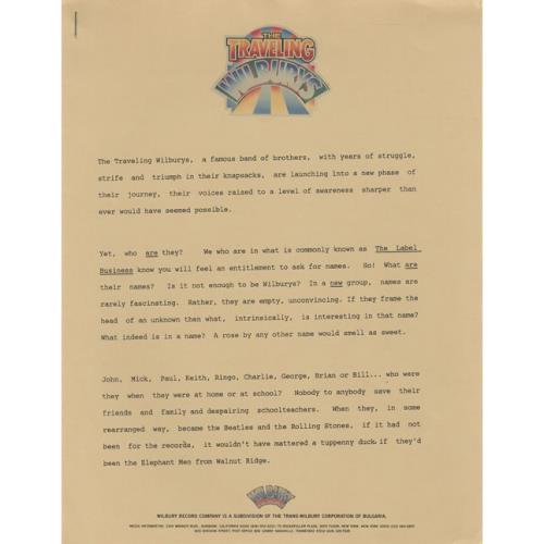 Traveling Wilburys Volume One media press pack US TRVPPVO453384