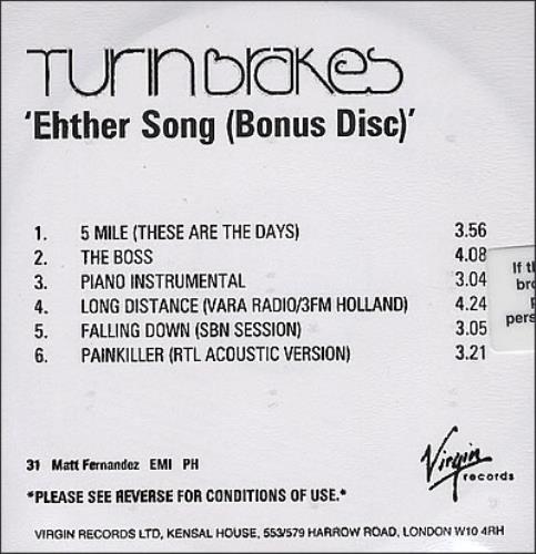 Turin Brakes Ether Song Bonus Disc CD-R acetate Philippino TKECRET373267