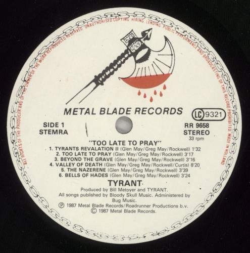 Tyrant Too Late To Pray - VG vinyl LP album (LP record) Dutch VY2LPTO887129