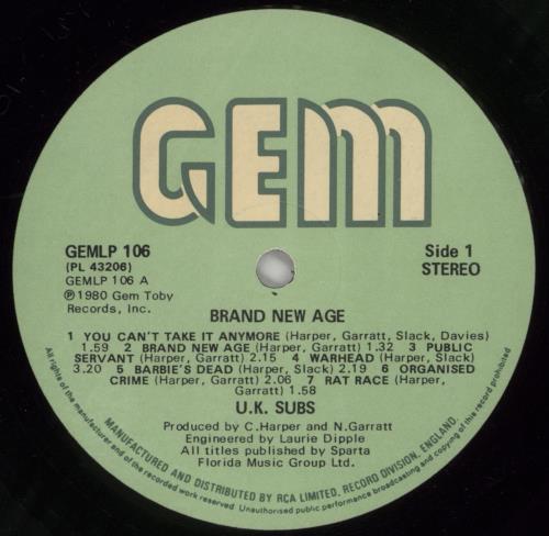 U.K. Subs Brand New Age vinyl LP album (LP record) UK UKSLPBR598381