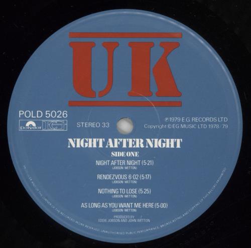 U.K. Night After Night + pr vinyl LP album (LP record) UK U-KLPNI864895