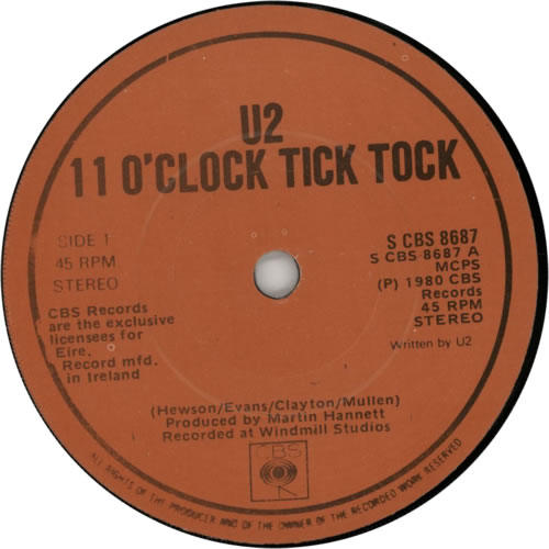 U2 11 O'clock Tick Tock - Red Label 7" vinyl single (7 inch record / 45) Irish U-207OC07282