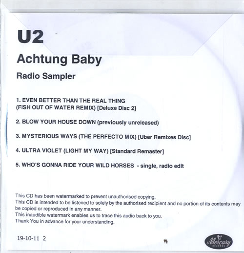 U2 Achtung Baby - Radio Sampler CD-R acetate UK U-2CRAC595282
