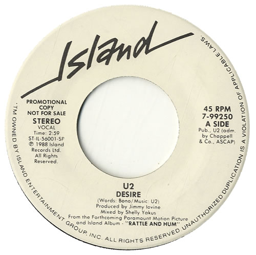 U2 Desire 7" vinyl single (7 inch record / 45) US U-207DE57317