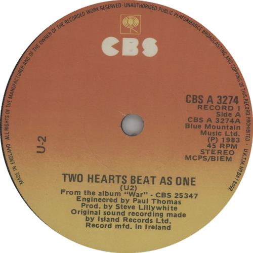 U2 Two Hearts Beat As One 7" vinyl single (7 inch record / 45) Irish U-207TW644360