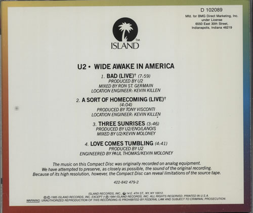U2 Wide Awake In America - Record Club CD album (CDLP) US U-2CDWI579447