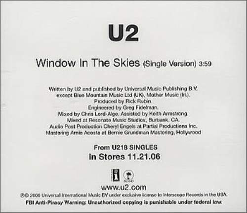 U2 Window In The Skies CD-R acetate US U-2CRWI386590
