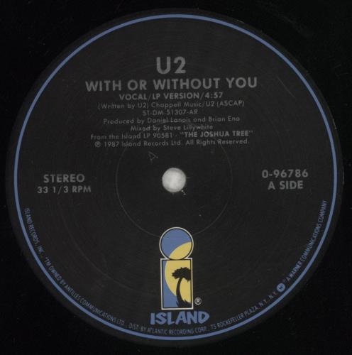 U2 With Or Without You 12" vinyl single (12 inch record / Maxi-single) US U-212WI48503