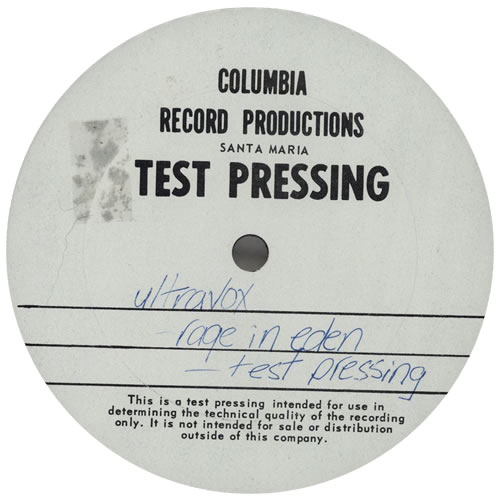 Ultravox Rage In Eden - Test pressing vinyl LP album (LP record) US VOXLPRA579318