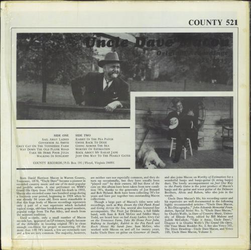Uncle Dave Macon Early Recordings vinyl LP album (LP record) US UDALPEA795185