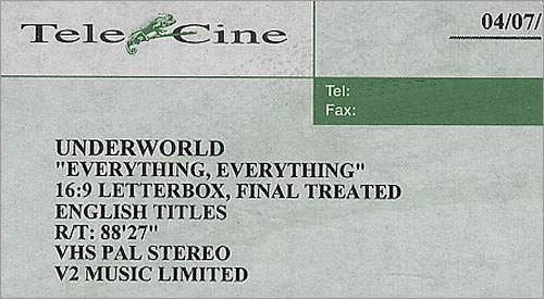 Underworld Everything Everything video (VHS or PAL or NTSC) UK UDWVIEV289870