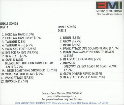 Unkle Unkle Songs CD-R acetate US UNKCRUN504190