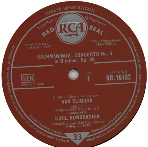 Van Cliburn Rachmaninov Concerto No. 3 - R/S - 1st vinyl LP album (LP record) UK XAWLPRA589831