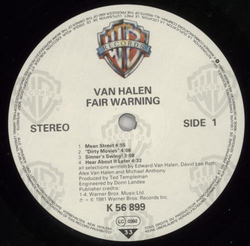 Van Halen Fair Warning vinyl LP album (LP record) German VNHLPFA573265