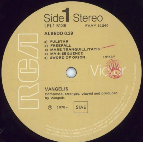 Vangelis Albedo 0.39 vinyl LP album (LP record) Italian VGELPAL806958