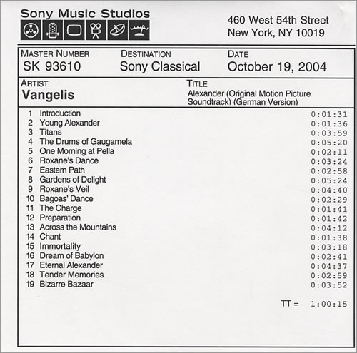 Vangelis Alexander CD-R acetate US VGECRAL432590