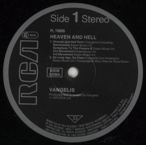 Vangelis Heaven And Hell vinyl LP album (LP record) UK VGELPHE769112