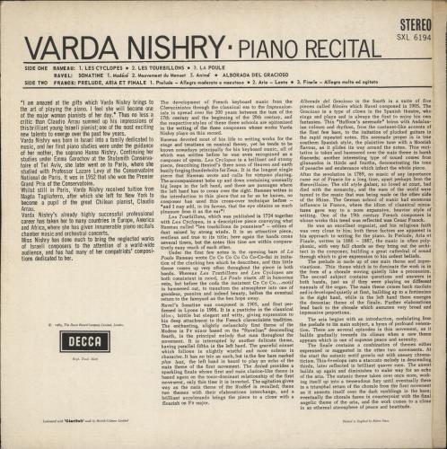 Varda Nishry Piano Recital vinyl LP album (LP record) UK 9E8LPPI887142