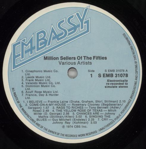 Various-50s/Rock & Roll/Rockabilly Million Sellers Of The 50's vinyl LP album (LP record) UK 50VLPMI485860