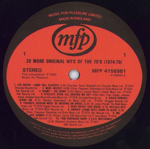 Various-60s & 70s 20 More Original Hits Of The 70's vinyl LP album (LP record) UK SVALPMO816631